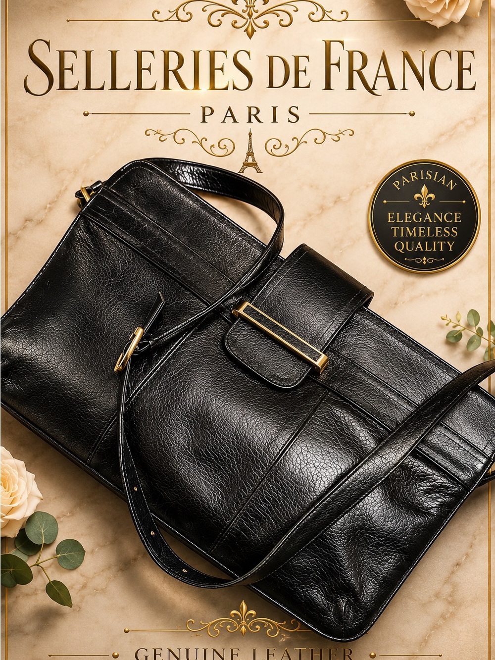 Selleries de France Black Genuine Leather  Crossbody Bag with Gold Accent🔥